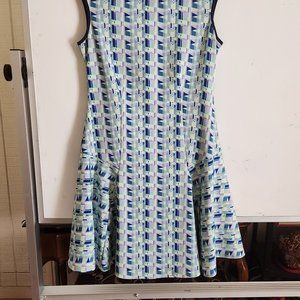 Jonathan Simkhai blue, white and purple dress, drop flared skirt, small